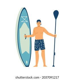 Young man holding wide surfboard and paddle, flat vector illustration isolated on white background. Stand up paddle surfer ready to ride on sea waves.