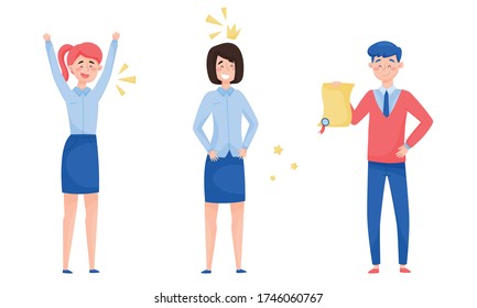 Young Man Holding Winner Certificate and Woman Raising Her Hands Up with Joy Vector Illustrations Set