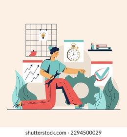 Young man holding wrench, standing next to big gear and ready to start working. Concept of technical support, solving problems quickly and on time. Vector illustration in flat design