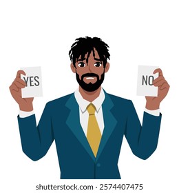 Young man holding YES and NO cards, with conflicted facial expression suggesting indecision. Flat vector Character Illustration