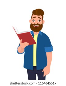 Young Man Holding/reading A Book And Smiling. Vector Illustration In Cartoon Style.