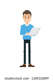 young man holding/using laptop computer. vector flat style illustration 