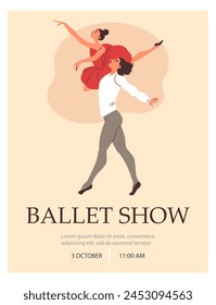 Young man holds a ballerina in his arms, ballet dancers classical ballet dance performance vector poster. Cartoon grace show ballet advertising placard template