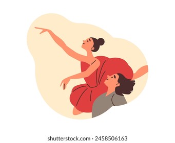 Young man holds a ballerina in his arms. Ballet dancers classical ballet dance performance vector illustration in decorative frame. Cartoon grace show ballet, beautiful woman in red dress