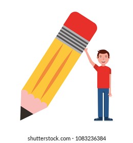 young man holds big wooden pencil school