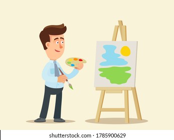 Joven sostiene un pincel con pintura y paleta, dibuja una imagen sobre lienzo - paisaje. Un aficionado hobbista, artista. Empresario relajándose después del trabajo. Ilustración vectorial, estilo caricatura plana, aislado.