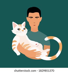 young man holds a cat in his arms hugs. flat vector illustration