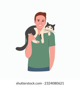 Young man holds the cat the shoulders  Children puppies friendship  Vector flat style cartoon illustration