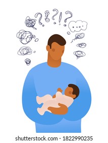 A young man holds a child in his arms and thinks. A man asks himself questions about caring for a child. Flat vector illustration isolated on white background