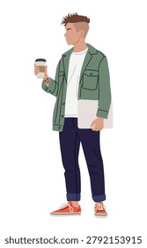 Young man holds coffee, dressed casually. Green jacket, white tee, dark pants, bright shoes. He walks, looking ahead, relaxed and thoughtful. Perfect for daily life, coffee culture