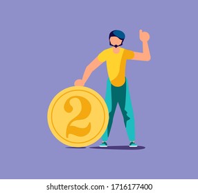 Young man holds a coin two cents. Put my two cents in or cash back rewards metaphor. Isolated on purple. Flat Art Vector Illustration