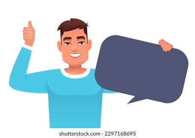 Un joven sostiene una burbuja de habla vacía y muestra un signo de aprobación. El concepto de opinión personal. Ilustración vectorial en un fondo blanco.