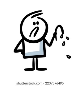 A young man holds a flower stalk with falling petals in his hands. Vector doodle illustration of unlucky in love teenager.