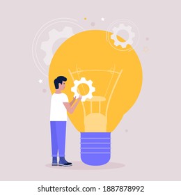 Young man holds gear next to a big light bulb. Idea brainstorming concept. Vector illustration in a flat style.