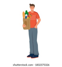 A young man holds grocery bag with natural products. Boy made food supplies. Flat vector illustration isolated on a white background