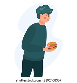 A young man holds a hamburger.The guy offers to eat a hamburger in a flat design on a white background.