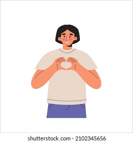 El joven se toma de las manos en forma de corazón. Carácter lindo enamorado. Ilustración para el Día de San Valentín o caridad. Ilustración plana vectorial aislada en el fondo blanco.