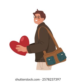 Young man holds heart in hand, vector image or clipart. Teenager with gift of heart as a sign of love. To give a valentine, confession of love. Valentines day greeting. Romantic mood or lovely vibe.