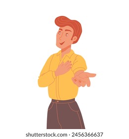 Young man holds her hands on her chest near her heart. Gratitude. Heart gesture is a flat vector illustration on an isolated background. 