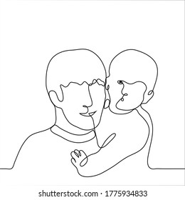young man holds in his arms a child about one year old. One continuous line art dad hugs a little son / daughter. Vector illustration can be used for animation.