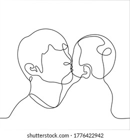 young man holds in his arms child about one year old   kisses the cheek  the child kisses him in response  One continuous line art dad kisses little son / daughter  Vector illustration 