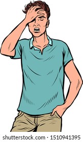 A young man holds his hand to his head. Headache. Pop art retro vector illustration drawing vintage kitsch