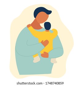 a young man holds his son, child in his arms. Hand drawing style Doodle. The concept of fatherhood, parenthood, and baby care. father and son. Trend style vector illustration