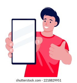 Joven sostiene su pulgar y muestra la pantalla en blanco del smartphone. Ilustración del personaje de dibujos animados planos vectoriales aislados en fondo blanco. Elemento de diseño de combinación con lugar para texto