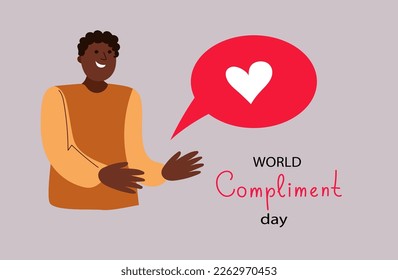 Young man holds a like heart in his hands, compliment day, celebrating poster modern flat vector illustration