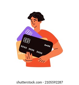 Un joven tiene una gran tarjeta de crédito. Cliente moderno del banco. Concepto de finanzas personales. Dinero digital para los negocios. Ilustración vectorial dibujada a mano aislada en fondo blanco. Estilo de caricatura plano.