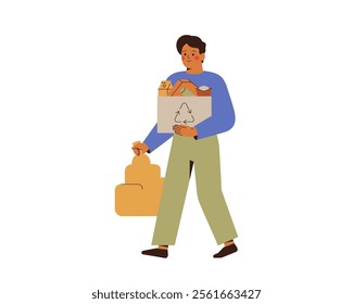 Young man holds papers and bag with bio waste for recycling. Male sorting trash. Green sustainable habits and Eco lifestyle concept. Flat vector illustration