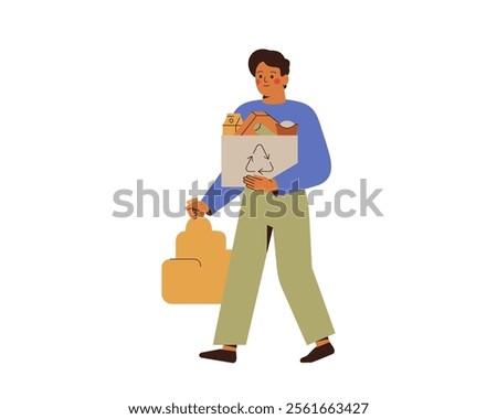 Young man holds papers and bag with bio waste for recycling. Male sorting trash. Green sustainable habits and Eco lifestyle concept. Flat vector illustration