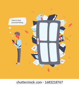 Young man holds a phone in his hands, next to him a door that is bursting with unfinished business and tasks. Procrastinating office worker, student. Vector Illustration in flat cartoon style