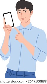 Joven sostiene y apunta a un teléfono inteligente