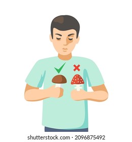 A young man holds a poisonous mushroom in one hand, an edible mushroom in the other. 
