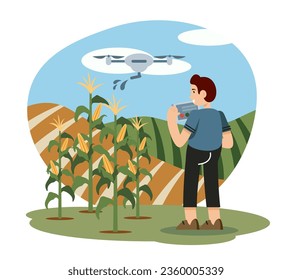 Young man holds remote control and controls drone, watering field with fertilizer. Corn cultivation process concept. Vector illustration in cartoon style in blue and green colors