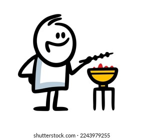 Young man holds  skewer with barbecue in his hands and makes meat on fire. Vector illustration of  funny man cooking food outdoor.