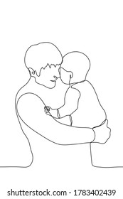 young man holds a small child (baby) with tenderness and love. One continuous line art father holding son or daughter head bowed to child's head. can be used for animation