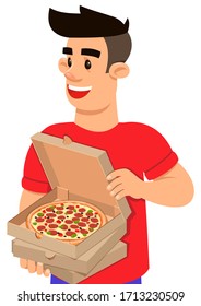 A young man holds a stack of pizza boxes. Home order, food delivery, home lunch or dinner. Delicious Pizza Margherita