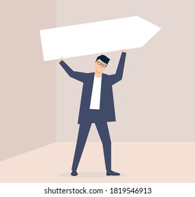 A young man holds a tablet with the direction of movement. Template for text. Vector illustration