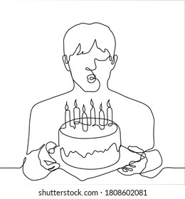 Young Man Holds A Tray With A Cake On Which He Blows Out The Candles. One Continuous Line Drawing Blowing Out Candles On A Cake, Congratulate Yourself, Celebrate Alone