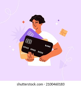 Young man holds a very big credit cards. Modern client of bank. Personal finance, virtual money for business. Hand drawn vector illustration isolated on purple background. Flat cartoon style.