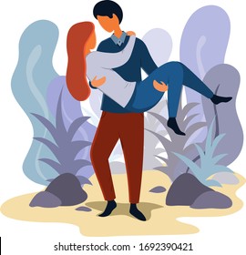 A young man holds a young woman in his arms. Love, relationship illustration in a flat style.