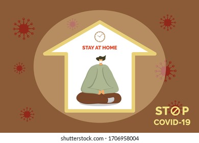 Young man in home mask stay isolation at home for self quarantine. Man in medical mask stay sits a meditation pose at home
concept stay at home quarantine, vector illustration