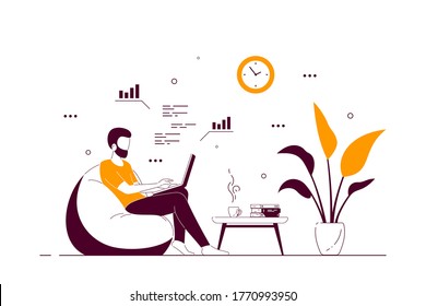 Young man at home sitting in chair bag and working on computer. Remote working, home office, self isolation concept. Flat style line art illustration, isolated on white background.