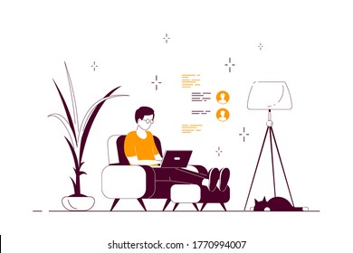 Young man at home sitting in chair and working on computer. Remote working, home office, self isolation concept. Flat style line art illustration, isolated on white background.