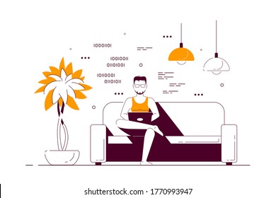 Young man at home sitting in sofa and working on computer. Remote working, home office, self isolation concept. Flat style line art illustration, isolated on white background.