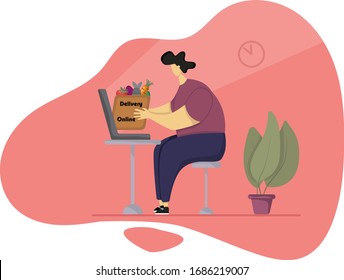 A young man at home takes out a bag of food from the computer. Illustration of online orders and purchases, home delivery of products. Color vector illustration for websites, printing, books