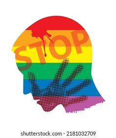 
Young man homosexual, stop the violence, Gay Pride Flag colors.
Stylized male silhouette, victim of violence with STOP inscription and hand print after hand slap.  Vector available.