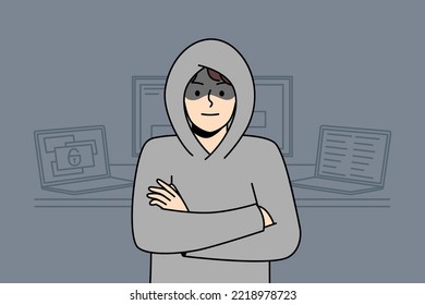 Joven en el capó parado cerca de computadoras hackeando el sistema de operaciones internas. Hackers masculinos sospechosos cerca de laptops y aparatos. Seguridad del dispositivo. Ilustración vectorial. 